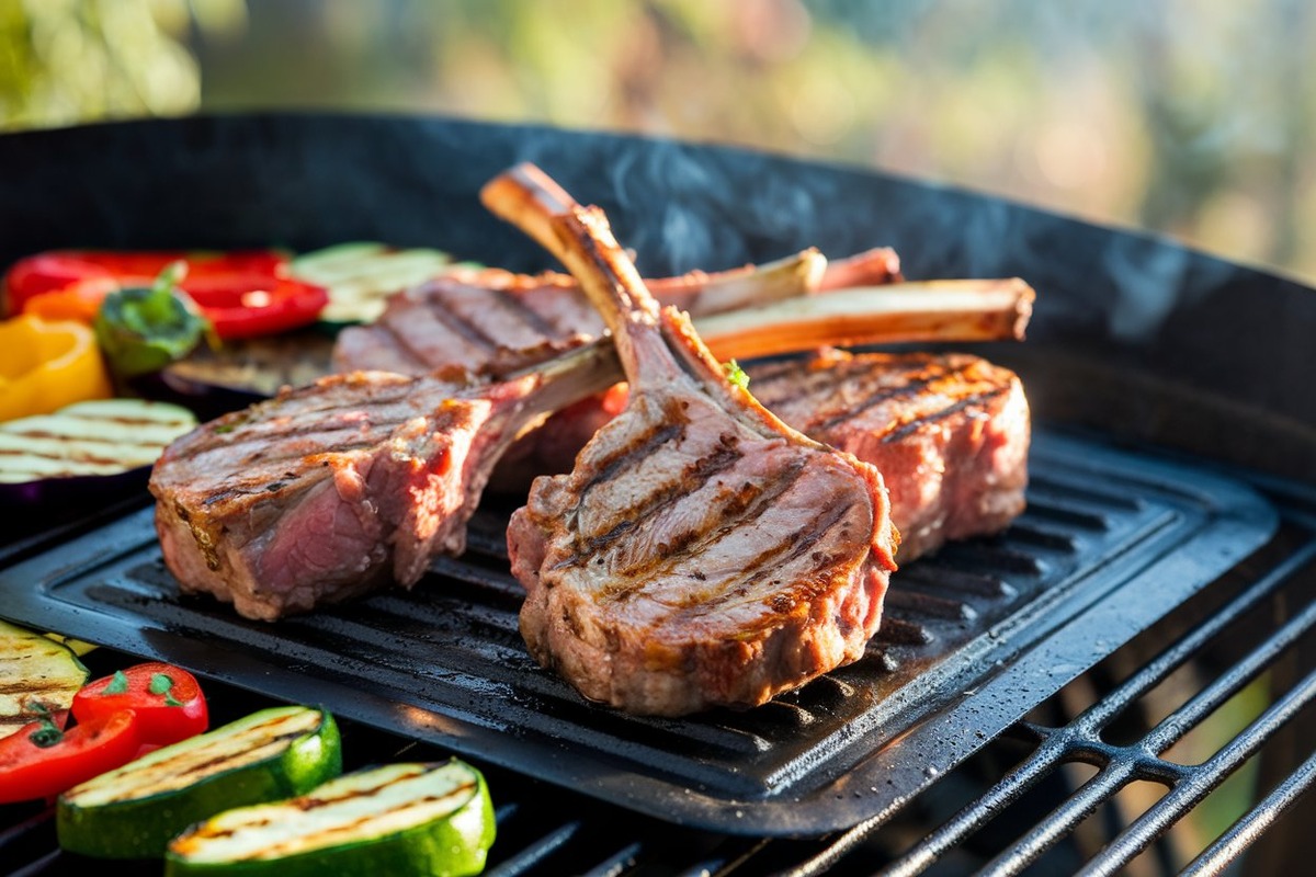 A close-up of juicy, golden-brown lamb chops with light grill marks cooking on a non-stick grill mat, surrounded by colorful vegetables like zucchini, bell peppers, and eggplant on an outdoor grill with soft sunlight and rising smoke.