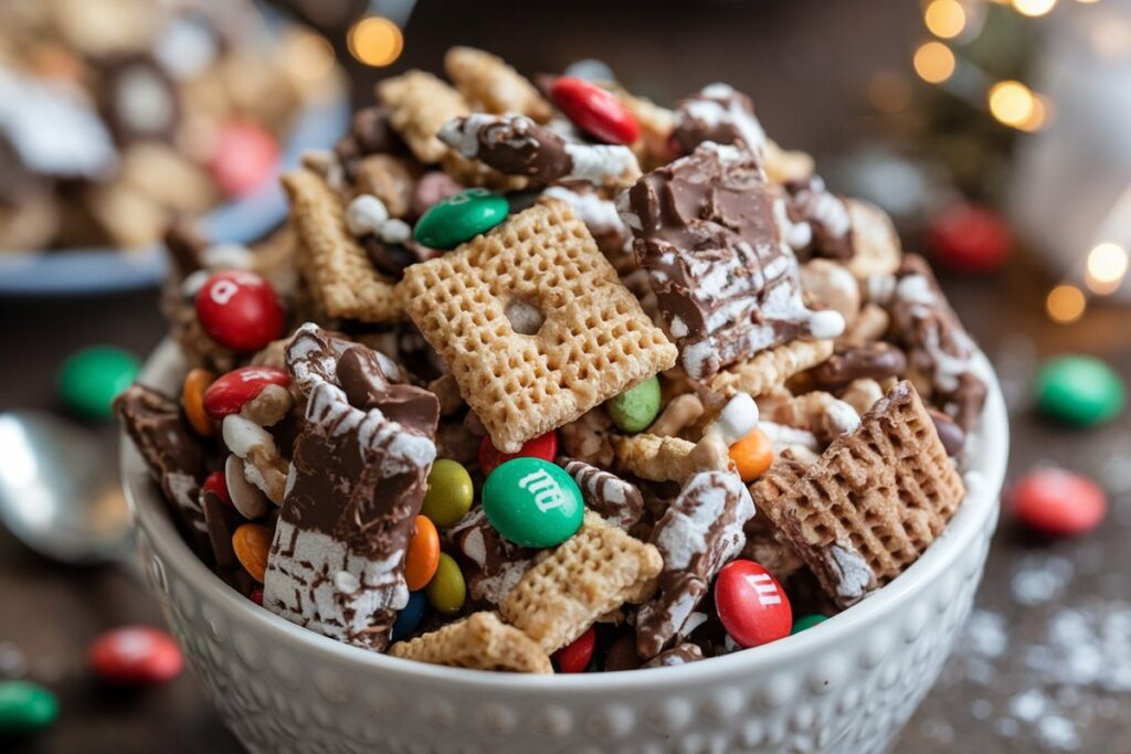 Bowl of Muddy Buddies snack mix coated in chocolate, peanut butter, and powdered sugar, with holiday-themed M&Ms scattered around.