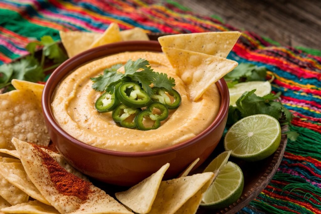 Authentic Mexican cheese dip in a bowl with tortilla chips, garnished with cilantro and jalapeños, surrounded by lime slices and chili powder.