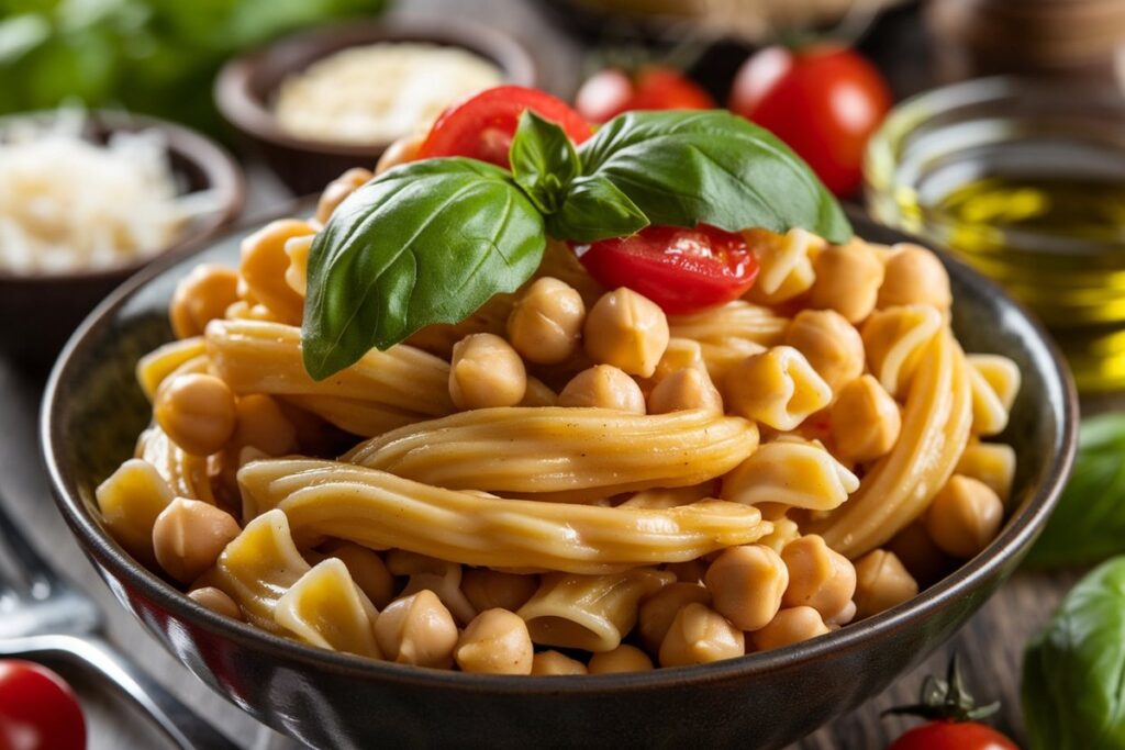 Bowl of Chickpea Pasta with Fresh Basil and Cherry Tomatoes