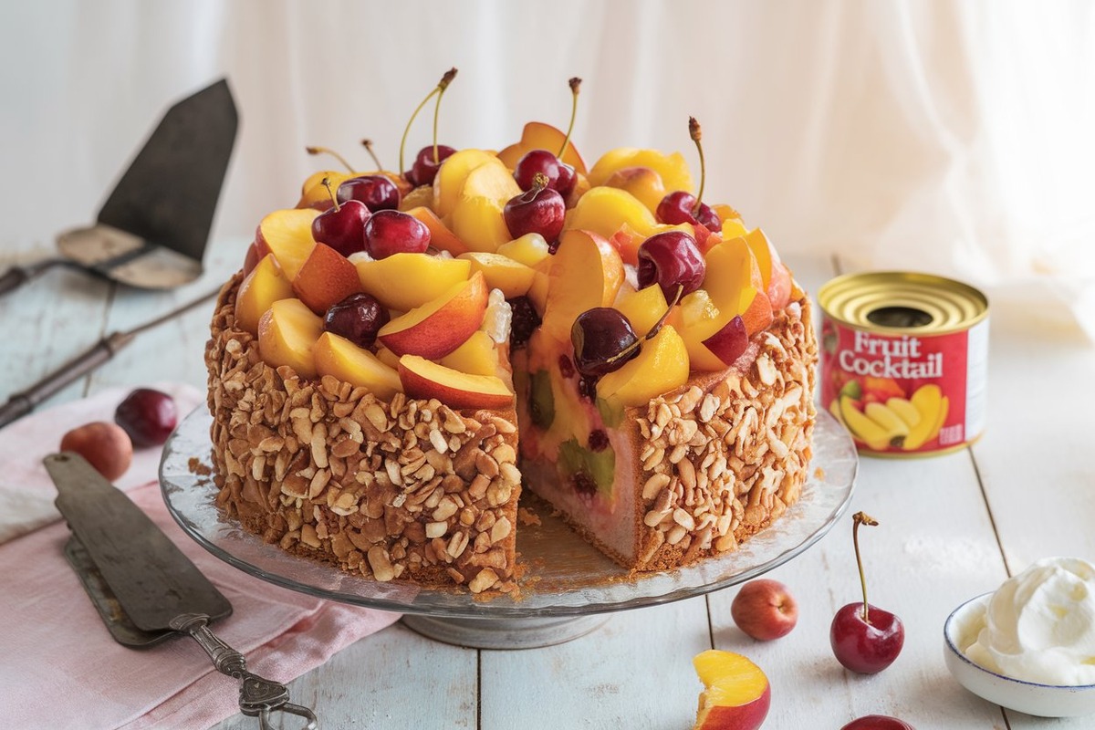 A golden-brown Fruit Cocktail Cake topped with a vibrant mix of syrupy cherries, peaches, and pineapples, surrounded by fresh fruit slices on a light-colored background, creating a bright and summery presentation.