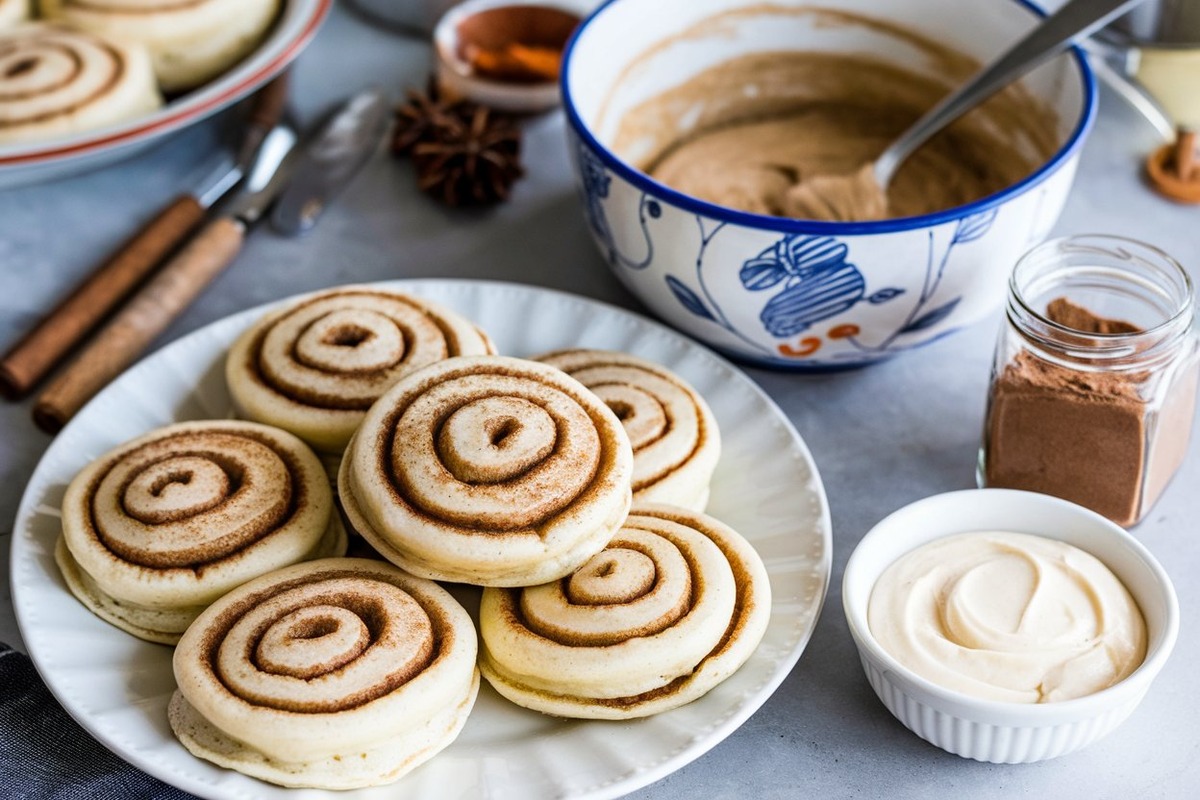 A plate of Cinnamon Roll Pancakes with a cinnamon sugar swirl, next to a bowl of pancake batter, a jar of cinnamon, and a small bowl of cream cheese glaze.