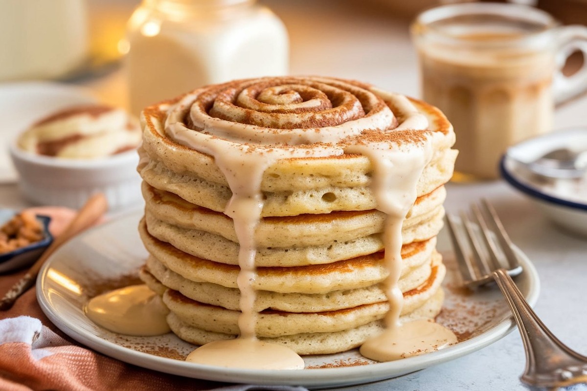 A close-up of fluffy pancakes with a cinnamon swirl cooked inside, drizzled with creamy cream cheese glaze and topped with a sprinkle of cinnamon, served on a white plate with a fork on the side.