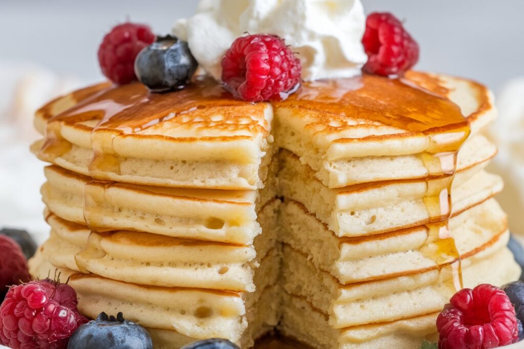 Stack of fluffy, golden-brown pancakes topped with fresh berries, syrup, and whipped cream.