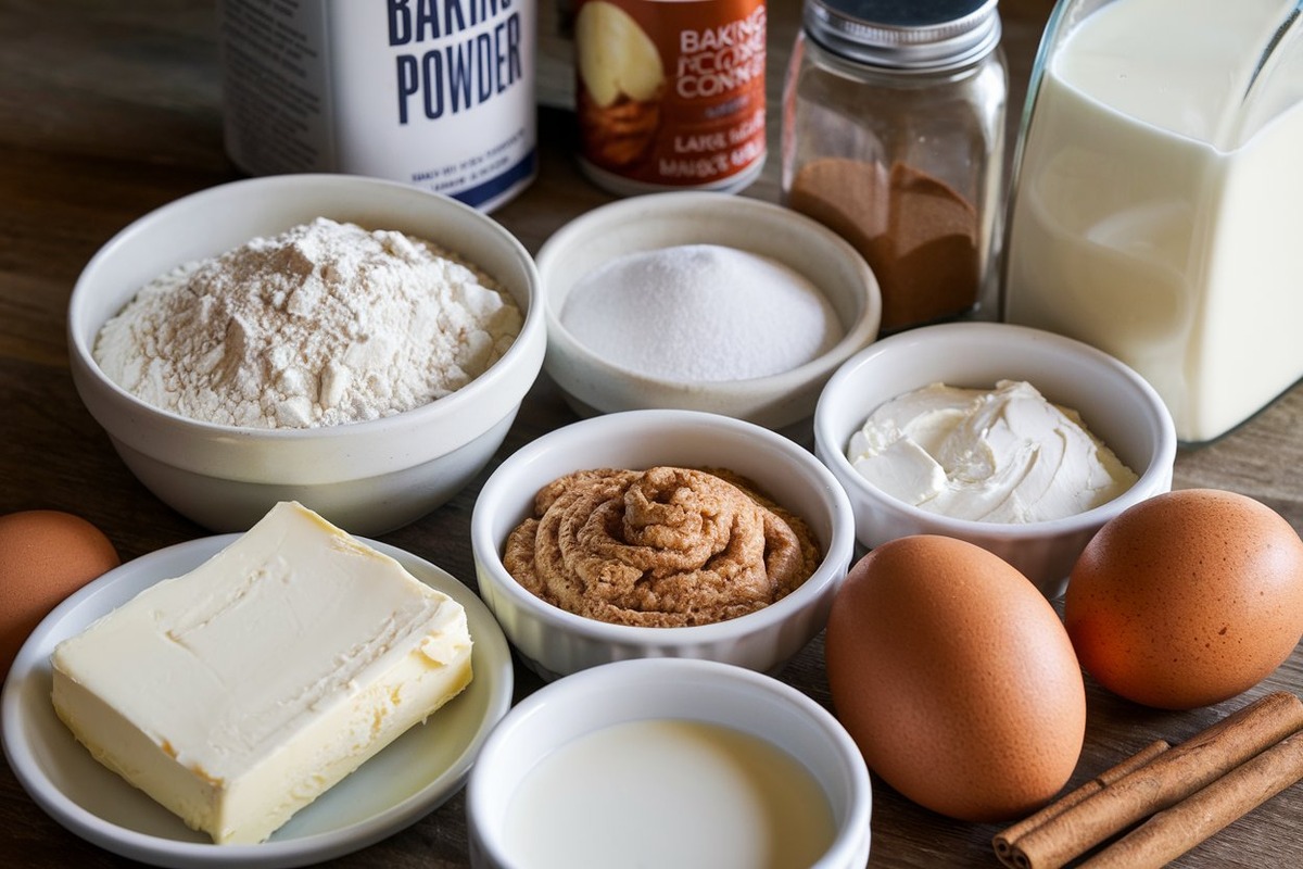 A collection of ingredients in white bowls including flour, sugar, baking powder, brown sugar, cinnamon, butter, cream cheese, eggs, and milk for making Cinnamon Roll Pancakes.