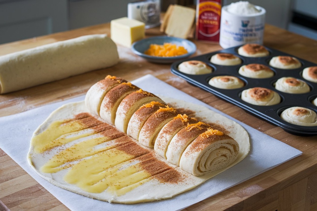 Step-by-step visual guide for making morning buns, showing dough preparation, buttering, cinnamon sugar sprinkling, and cutting.