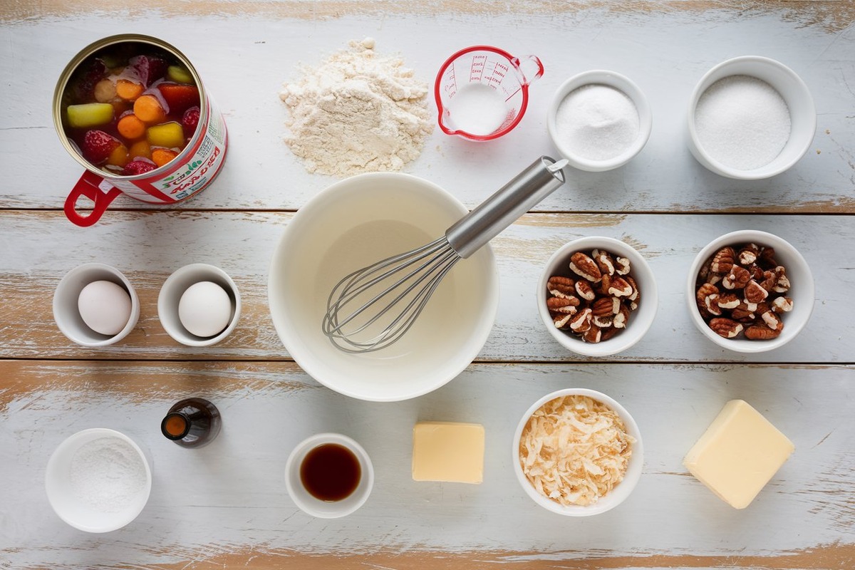 A step-by-step visual guide showing the process of making Fruit Cocktail Cake, including mixing the batter, adding fruit cocktail, preparing the topping, and assembling the cake in a baking pan.