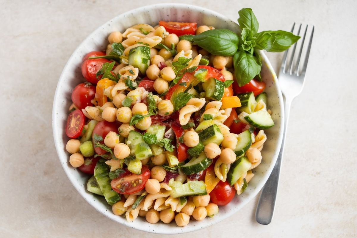 Chickpea Pasta Salad with Fresh Vegetables and Herbs