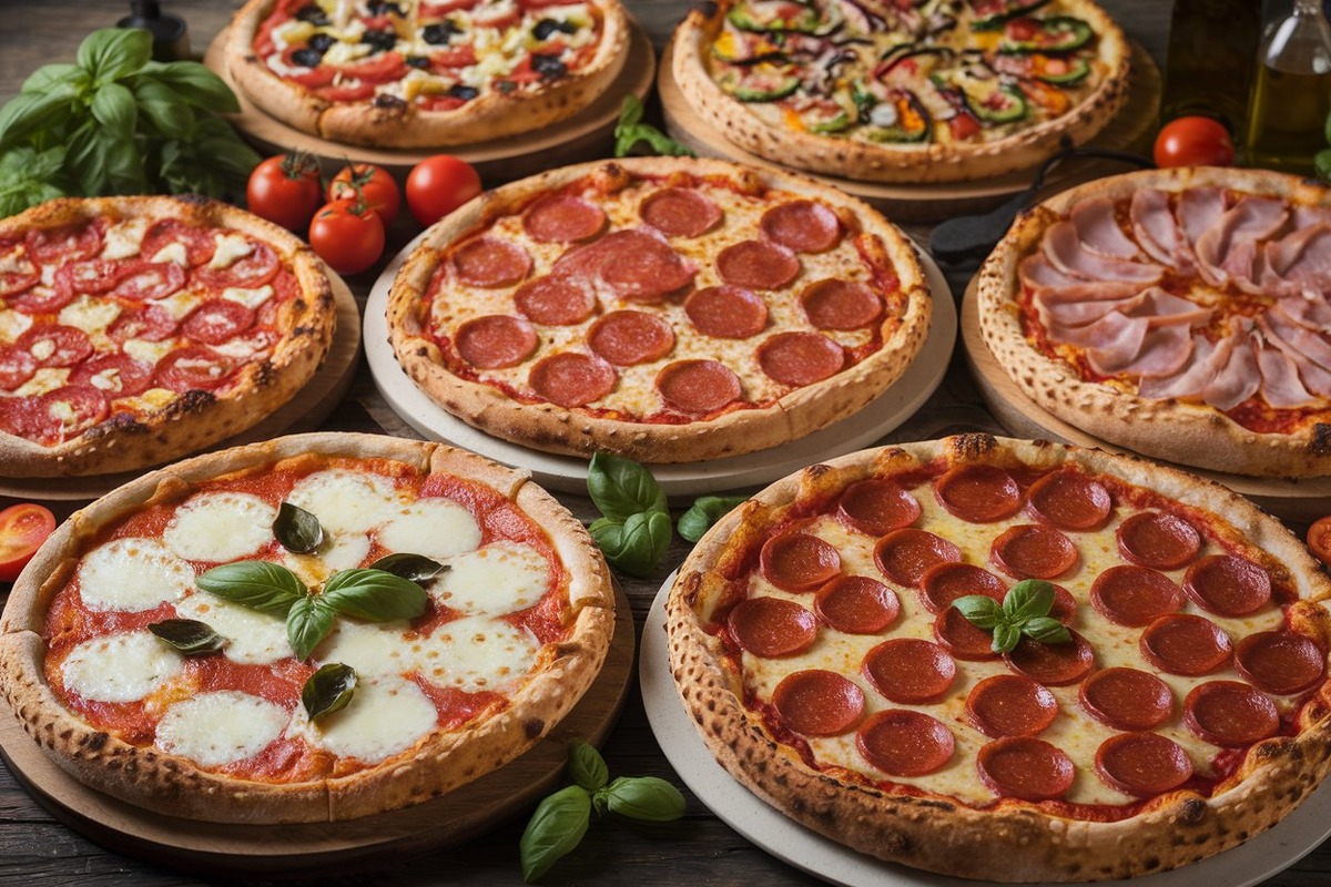 Top view of a variety of popular pizzas, including Margherita, pepperoni, Chicago deep dish, Hawaiian, and veggie pizzas on a rustic wooden table.