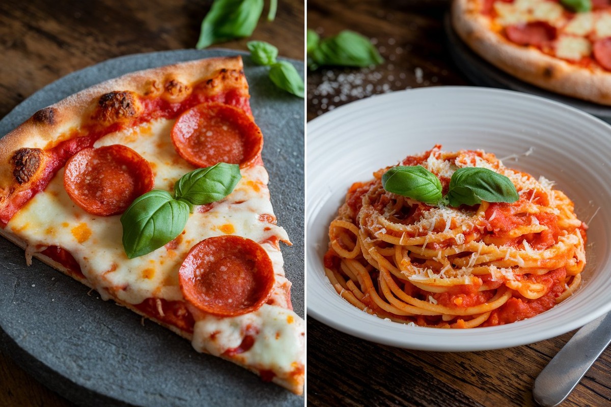 Slice of pizza with pepperoni and a bowl of spaghetti in tomato sauce, both garnished with fresh basil on a rustic wooden table.