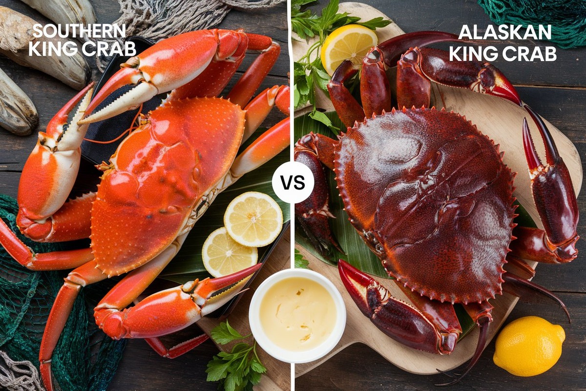 King Crab vs Alaskan Crab comparison with lemon slices and melted butter on a rustic table.