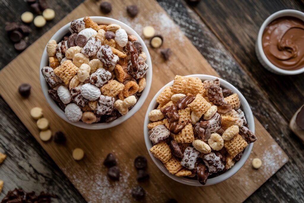 Bowl of Puppy Chow and Muddy Buddies side by side on a rustic wooden table, with scattered chocolate chips and powdered sugar.