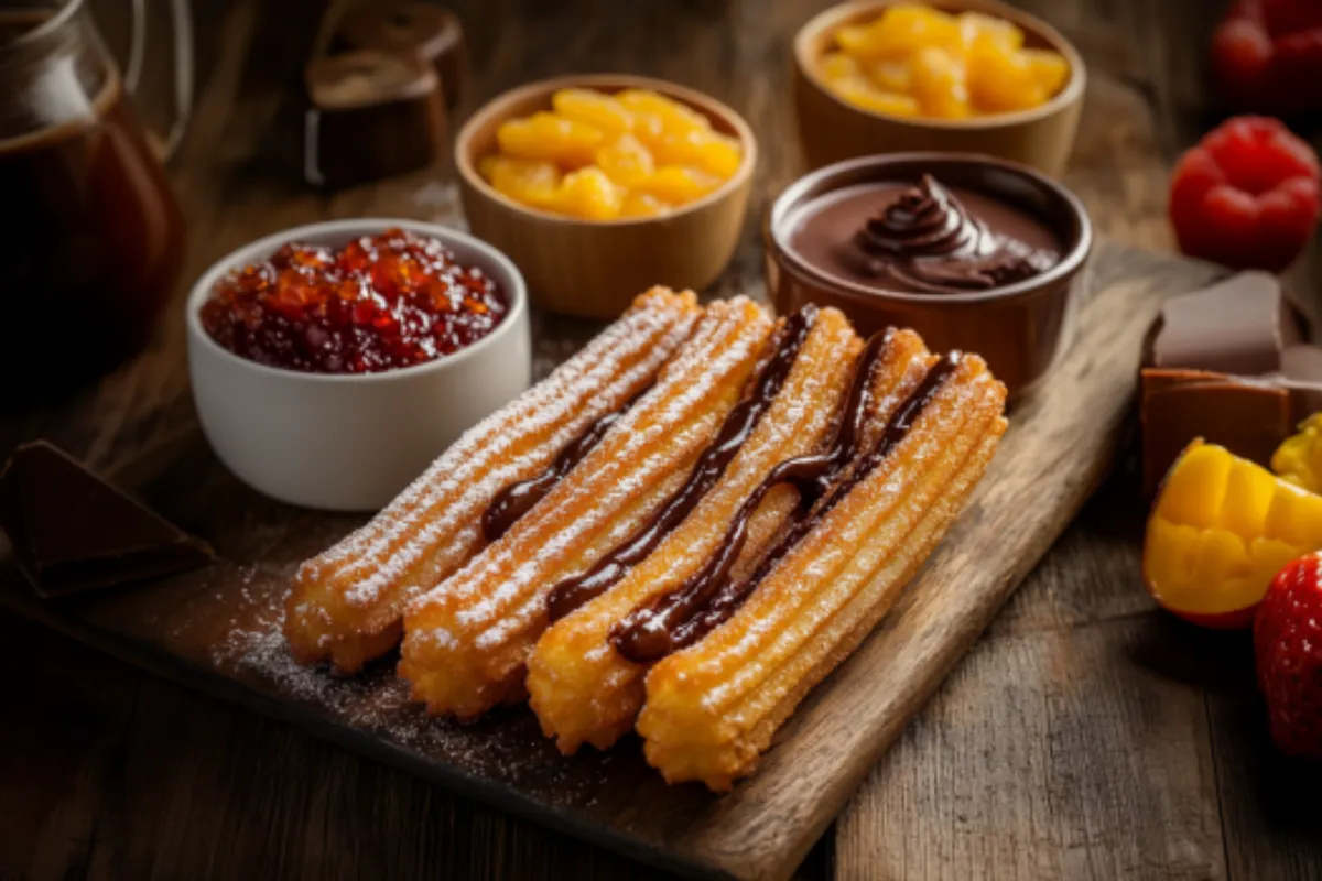 Golden churros filled with dulce de leche and chocolate ganache, sprinkled with cinnamon sugar, served with fruit preserves