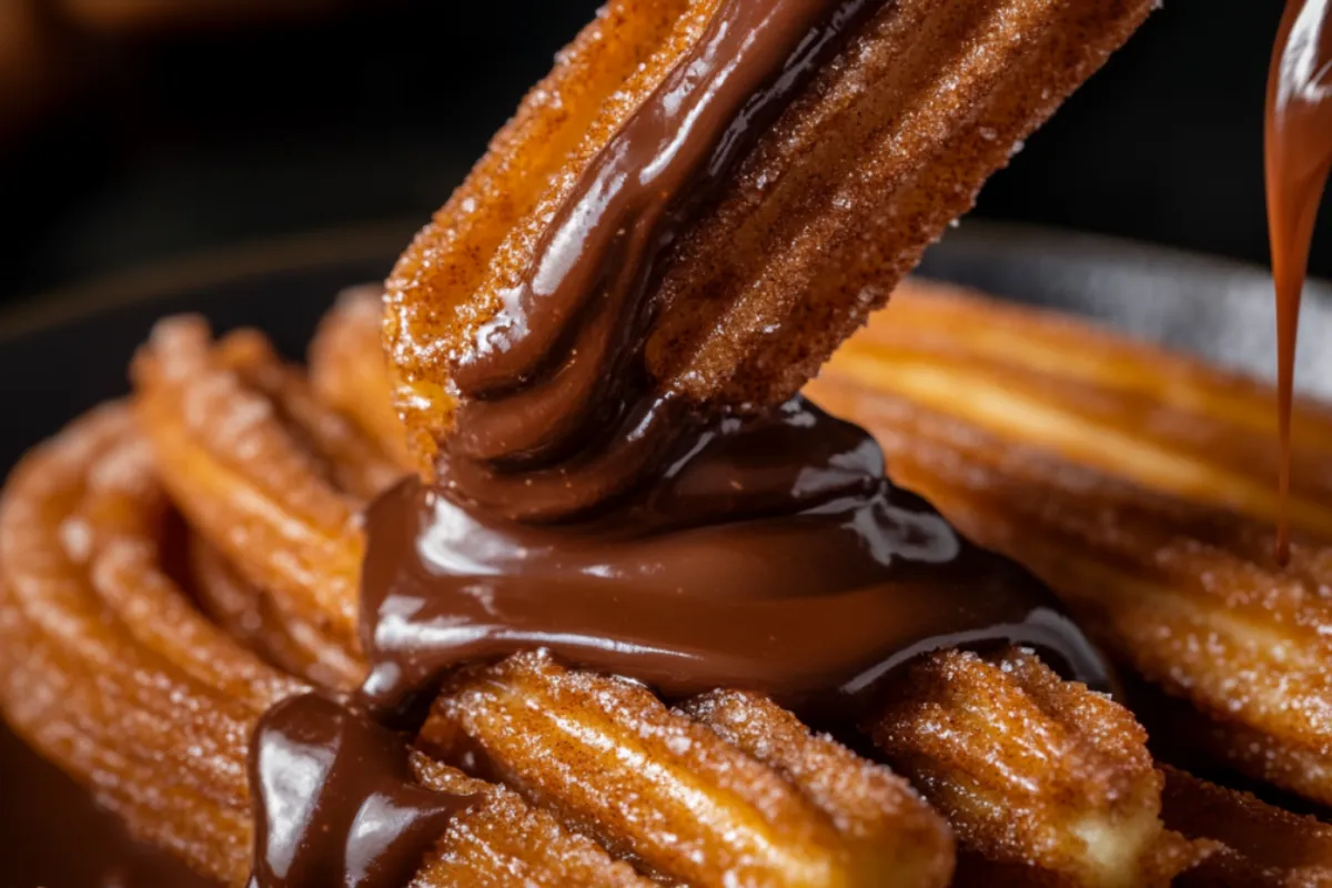 Churro being filled with rich chocolate ganache, showing its glossy and smooth texture.