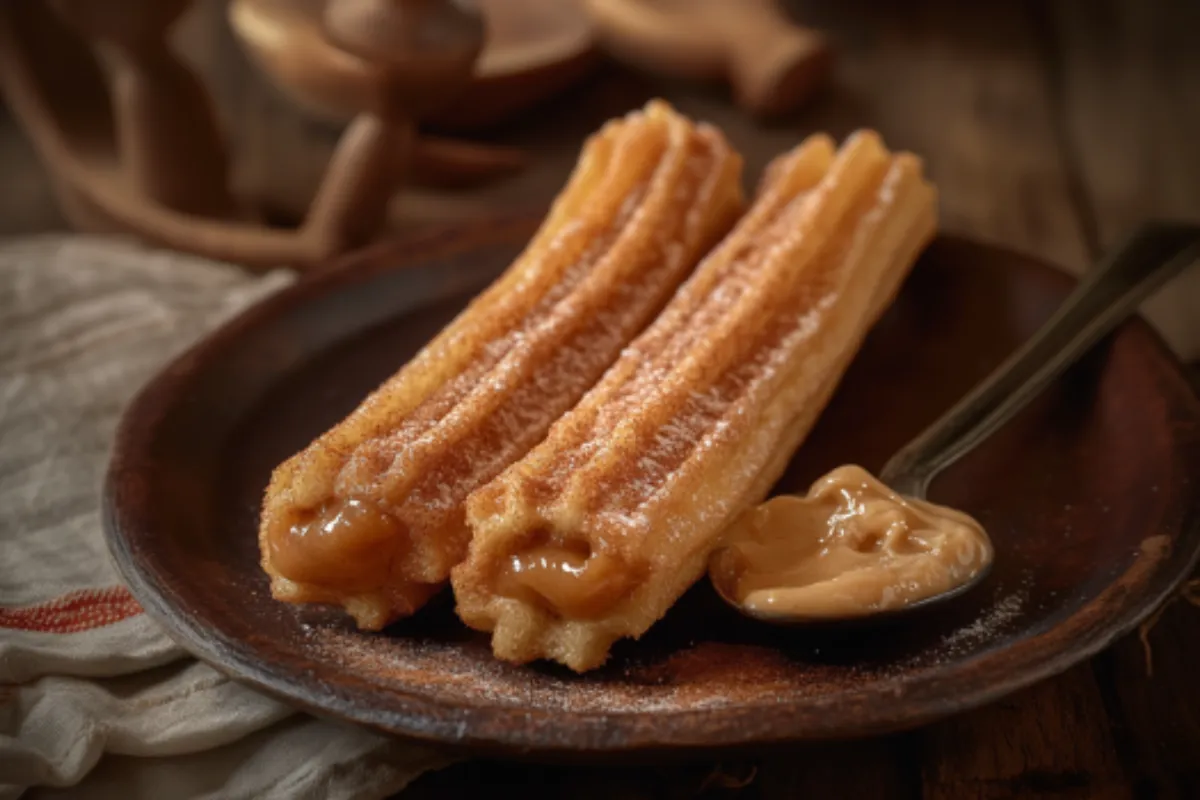 Churros filled with creamy dulce de leche, placed on a rustic plate.