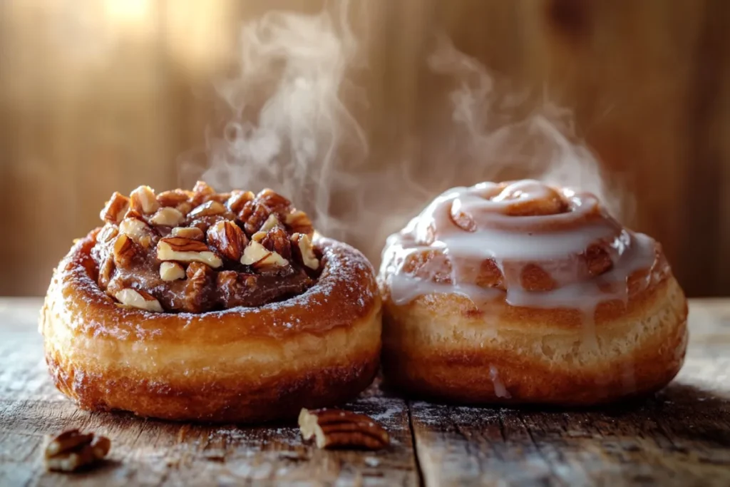 Close-up of a cinnamon bun and cinnamon roll, side by side, showcasing their textures with steam rising.