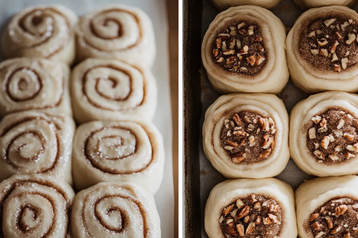 Rolled-out dough for cinnamon rolls and buns, showing the difference in fillings.