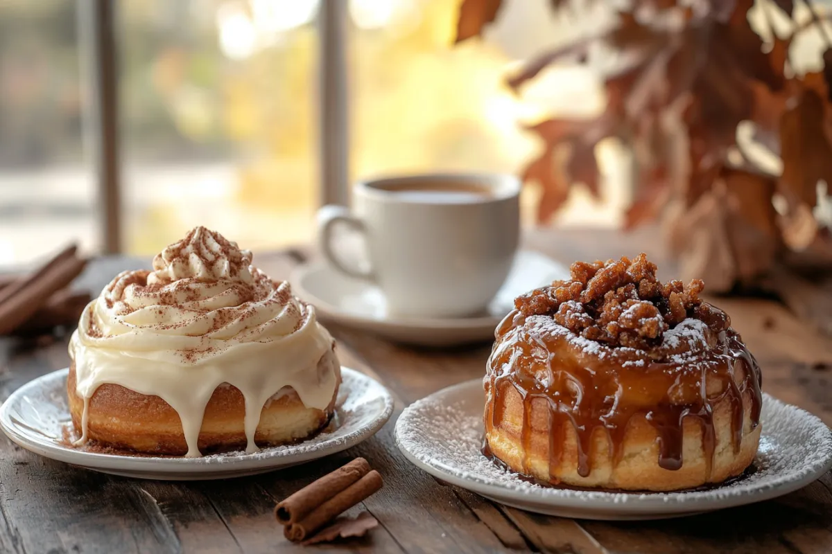 A frosted North American cinnamon roll next to a caramelized Canadian-style cinnamon bun.