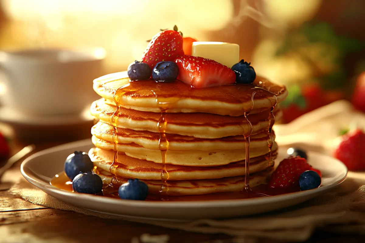 A stack of fluffy golden-brown pancakes with melting butter and maple syrup, fresh strawberries, and blueberries, showing what is the secret of amazing pancakes.