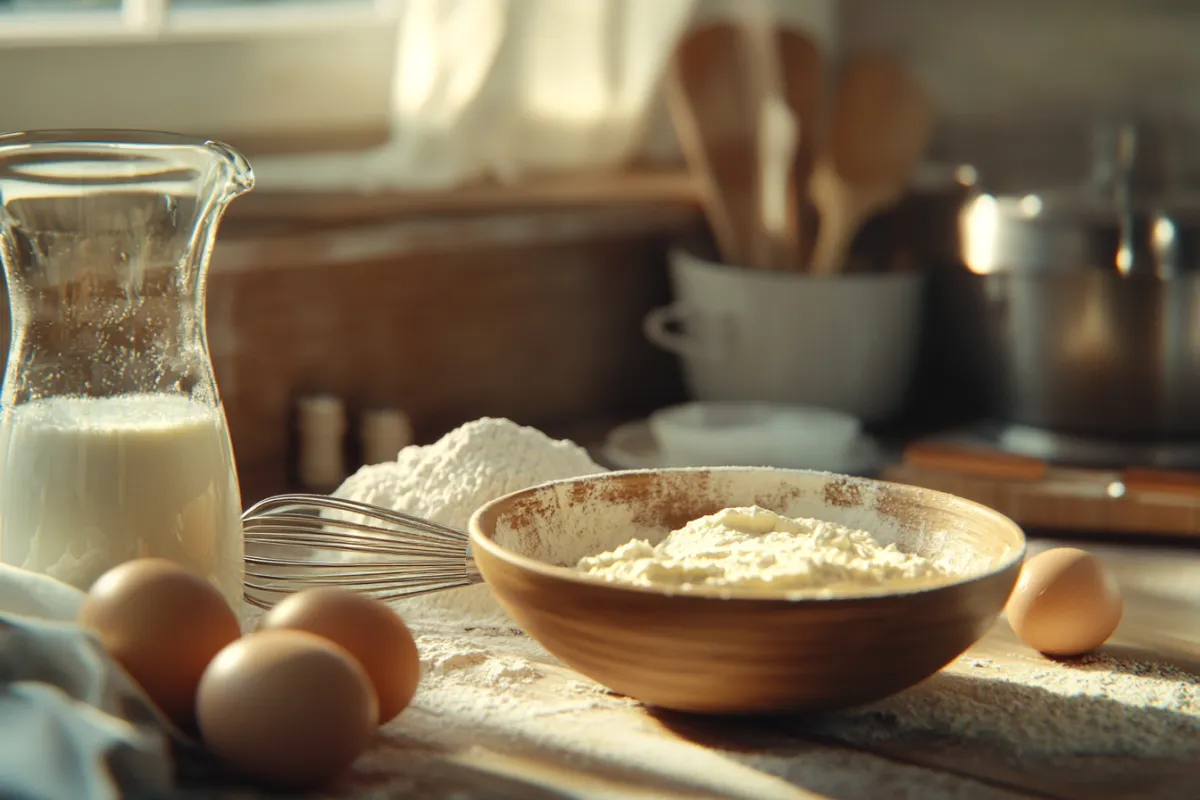 Essential pancake ingredients like flour, eggs, buttermilk, baking powder, and sugar on a wooden kitchen counter, illustrating what is the secret of amazing pancakes.