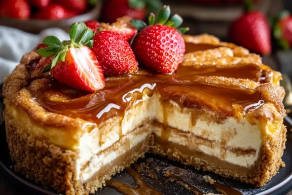 Churro cheesecake with a golden cinnamon-sugar crust, garnished with strawberries and caramel drizzle.