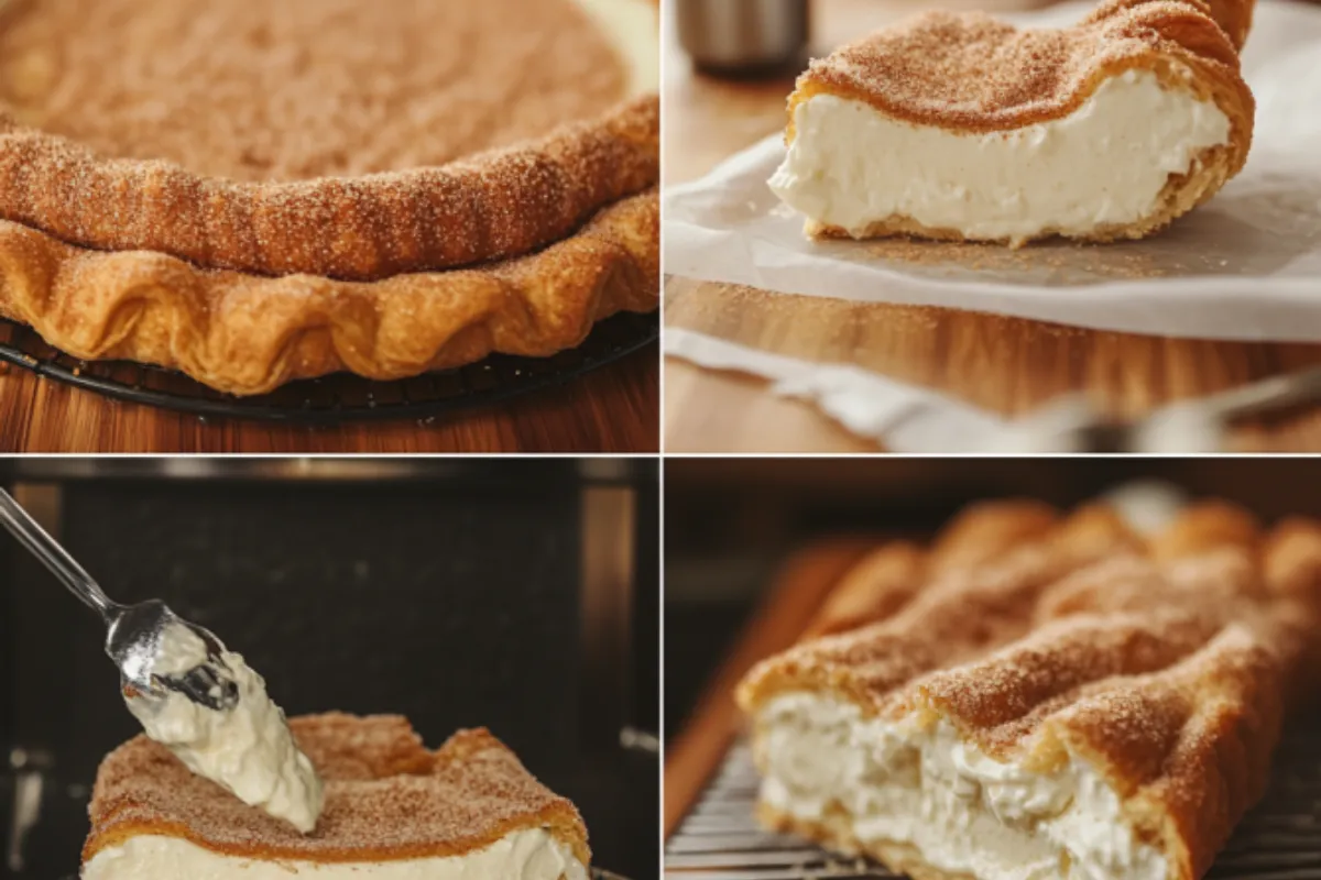 Step-by-step collage showing the process of making churro cheesecake, from rolling dough to sprinkling cinnamon sugar.