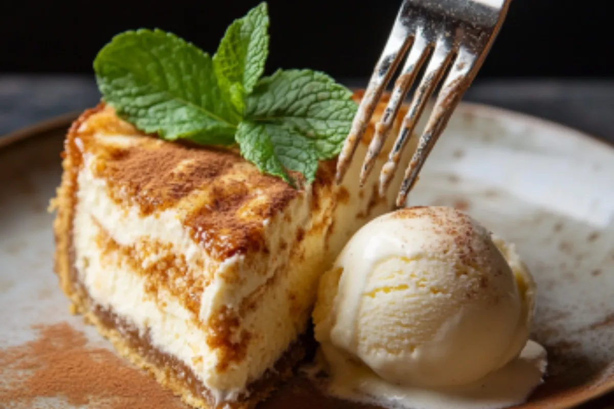 A slice of churro cheesecake served with vanilla ice cream, garnished with mint and dulce de leche.