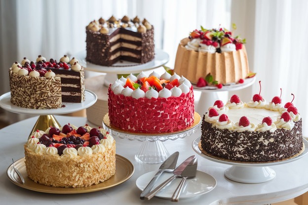 A variety of cakes showcasing the most delicious cake in the world, including chocolate and red velvet cakes.