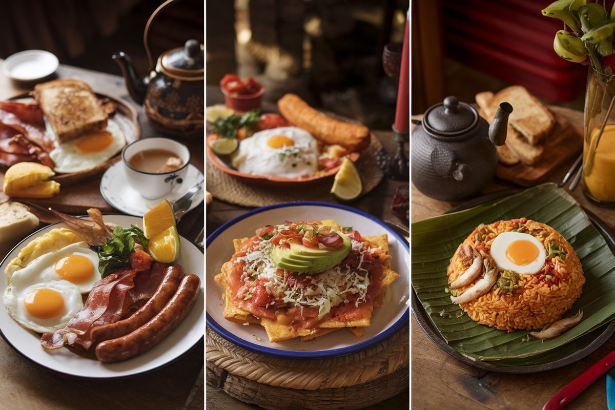 Three traditional breakfast dishes: Full English Breakfast, Mexican chilaquiles, and Malaysian nasi lemak.