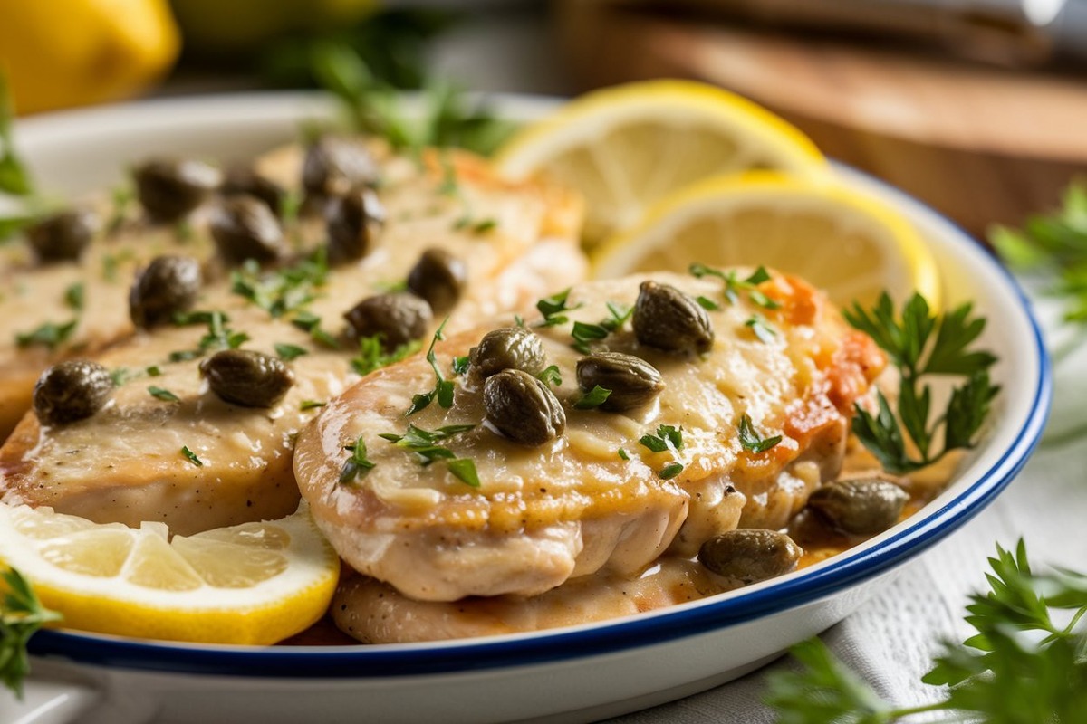 Chicken piccata with lemon-butter sauce and capers on a white plate.