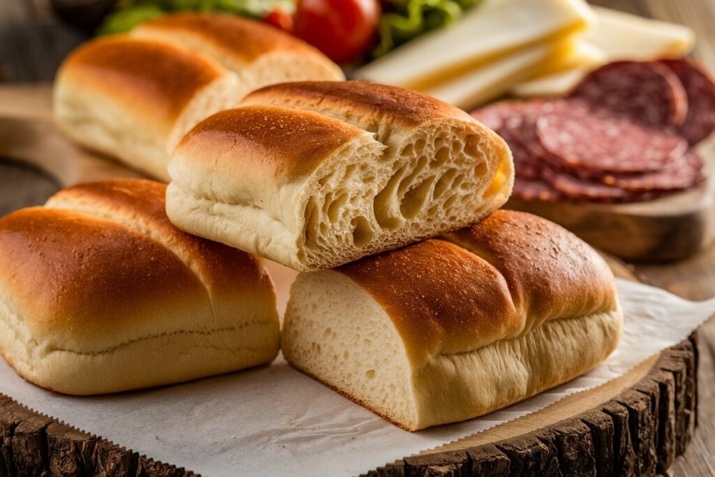 Freshly baked hero rolls with a golden crust, sliced open to show their soft interior, ready for sandwich making.