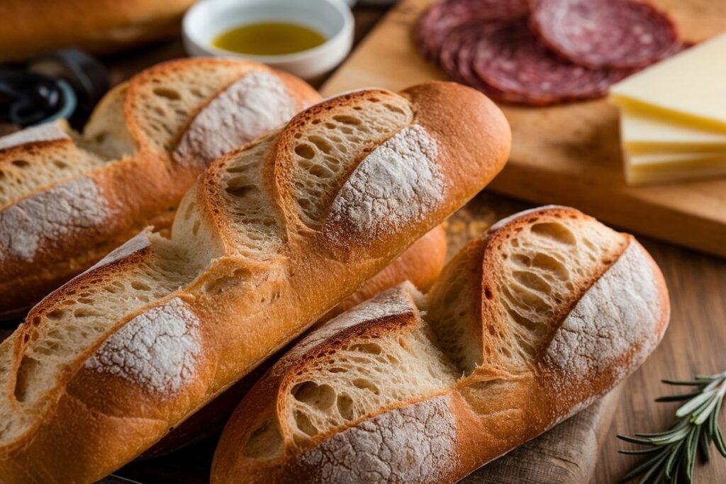 Freshly baked Italian hero bread rolls with a crispy crust and soft interior, perfect for sandwiches.