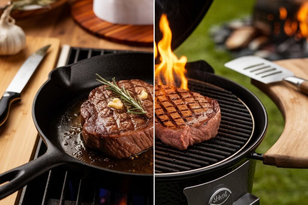 Pan-seared filet mignon in a skillet and grilled filet mignon on a barbecue