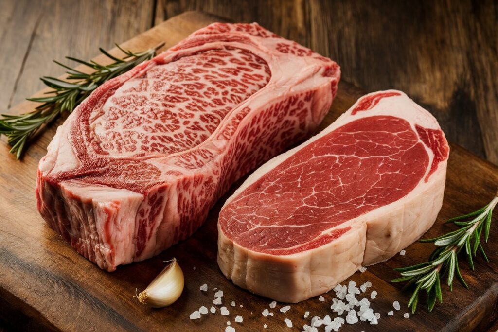 Ribeye steak and filet mignon tenderloin on a wooden cutting board with rosemary, garlic, and sea salt.