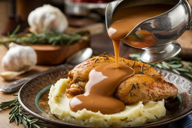 Golden chicken gravy being poured over mashed potatoes and roasted chicken on a rustic plate