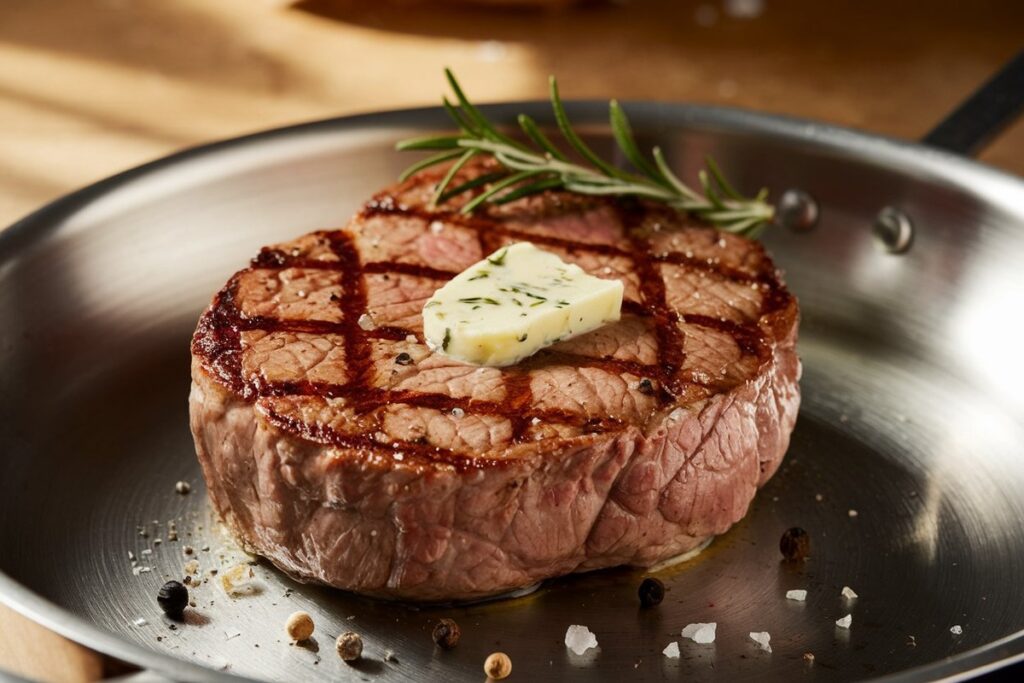 Perfectly pan-seared filet mignon with golden-brown crust, topped with herb butter and garnished with rosemary.