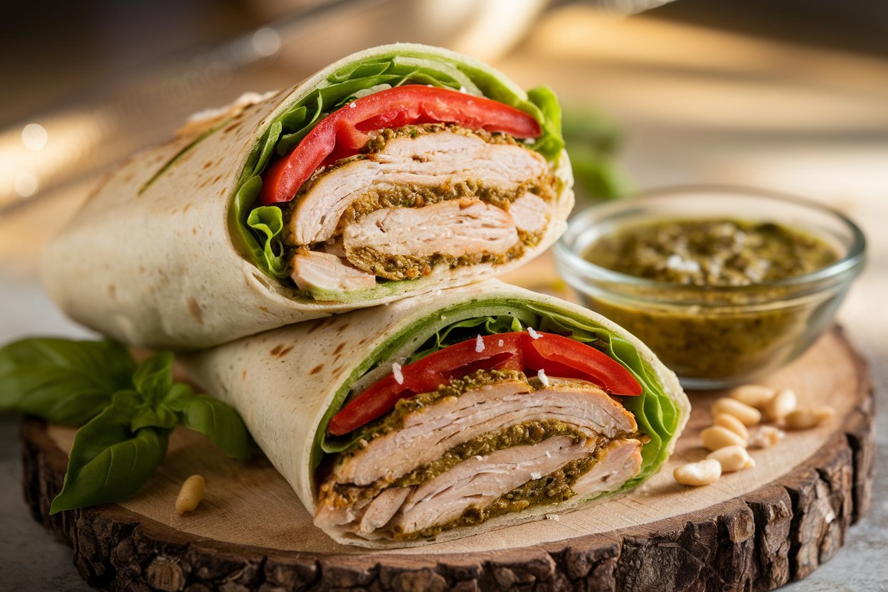 Close-up of a chicken pesto wrap filled with grilled chicken, pesto, tomatoes, and lettuce on a wooden board