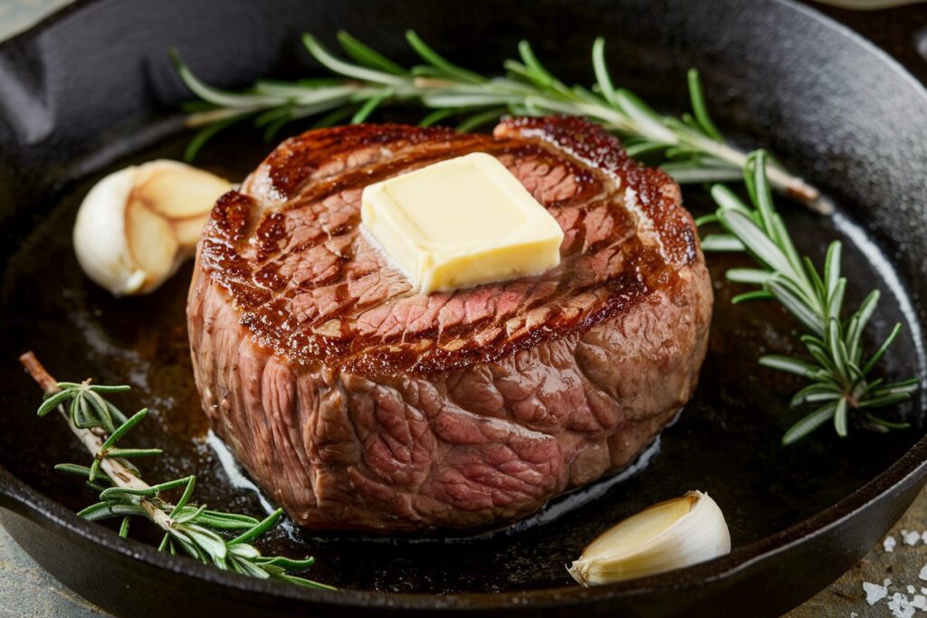 Perfectly seared filet mignon in a cast iron skillet with butter, rosemary, and garlic.