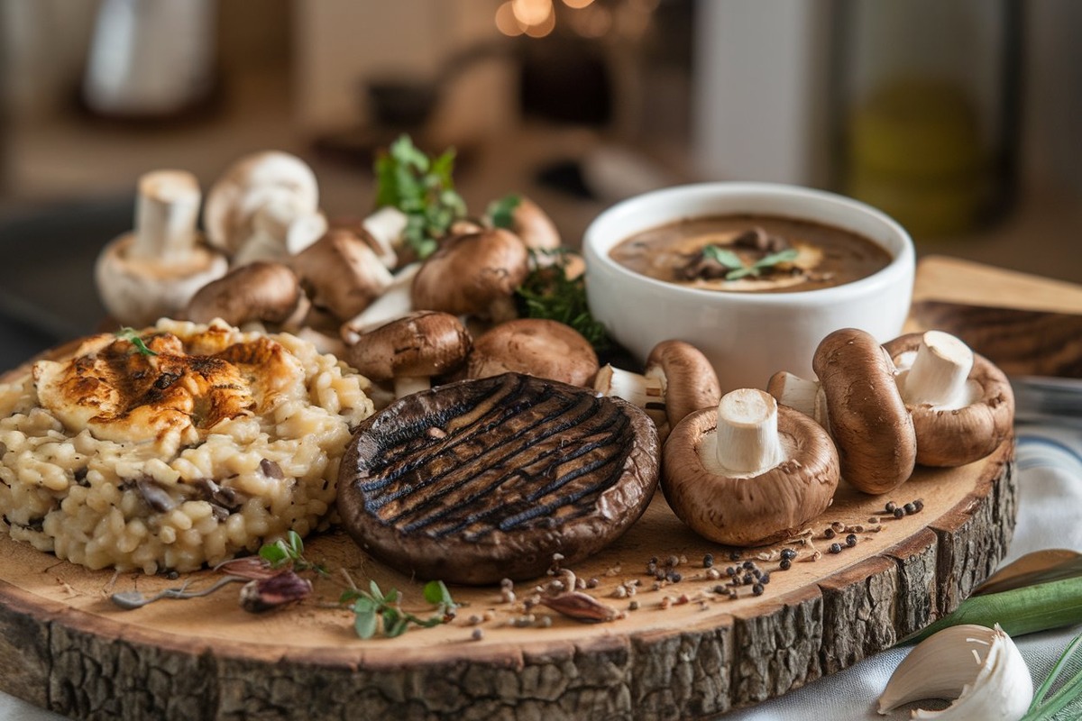 Assorted dishes made from mushrooms, including risotto, grilled portobello, sautéed button mushrooms, and mushroom soup, garnished with fresh herbs.