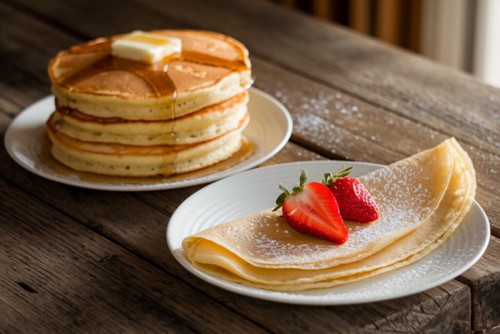 Side-by-side comparison of American pancakes and a crepe highlighting their texture differences