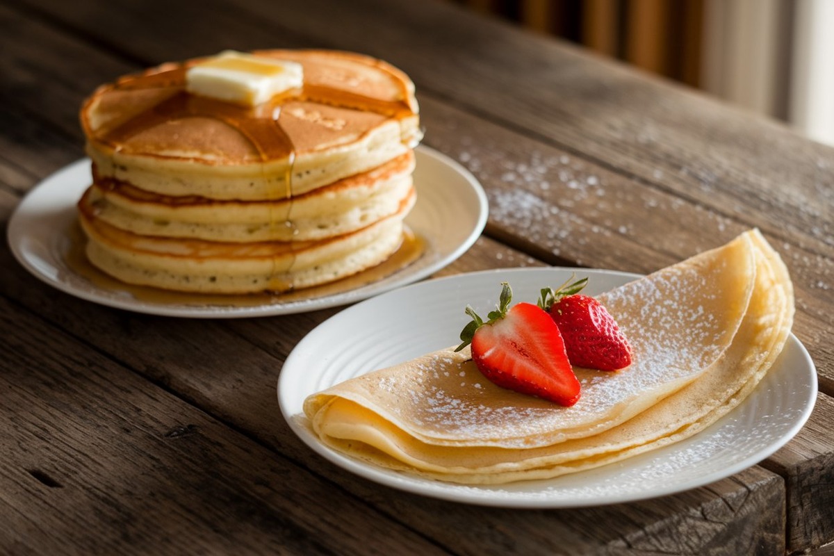 Side-by-side comparison of American pancakes and a crepe highlighting their texture differences