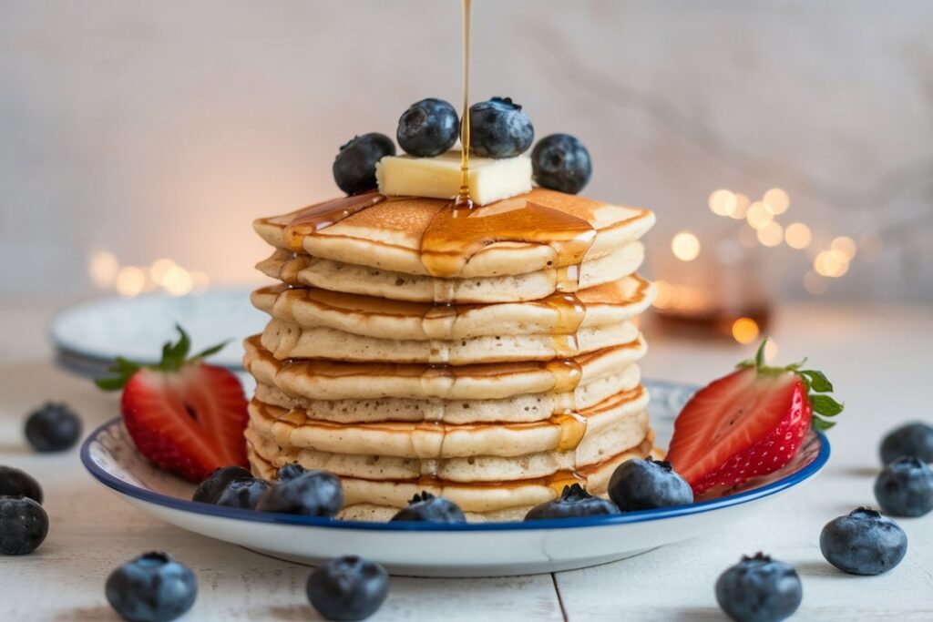 Stack of fluffy American pancakes with butter, maple syrup, and fresh berries