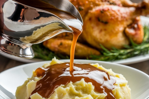 Rich gravy being poured over mashed potatoes with roasted chicken in the background