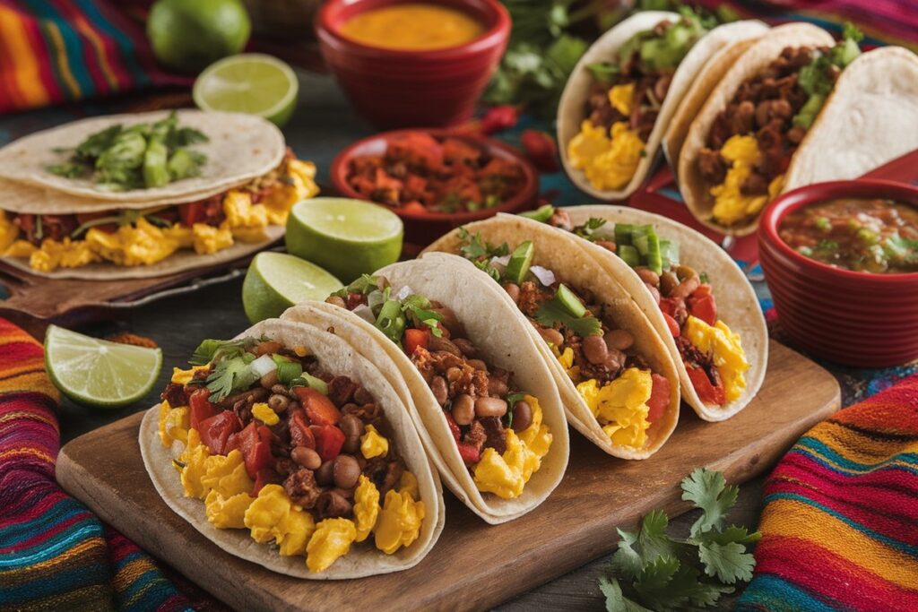 A plate of authentic Mexican breakfast tacos filled with eggs, chorizo, beans, and fresh vegetables.