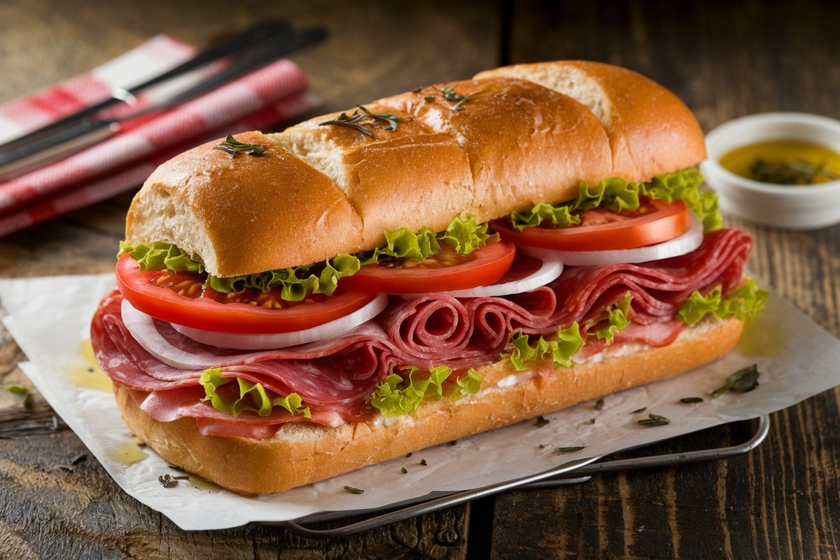 Italian hero sandwich with salami, mortadella, provolone, lettuce, tomato, and onions on a traditional Italian roll.