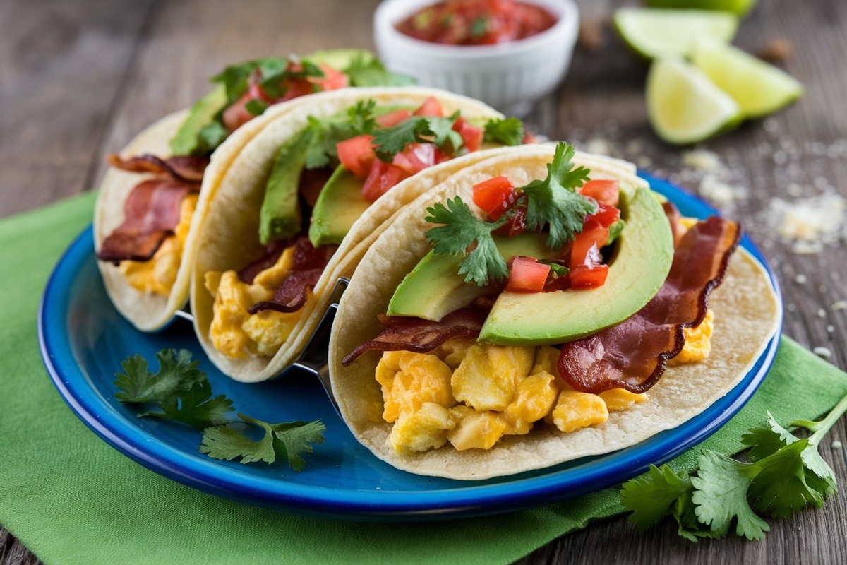 Plate of breakfast tacos with eggs, bacon, avocado, and salsa