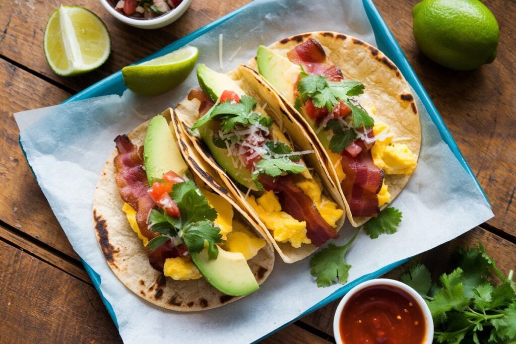 What do breakfast tacos contain – eggs, bacon, avocado, salsa, and cilantro.