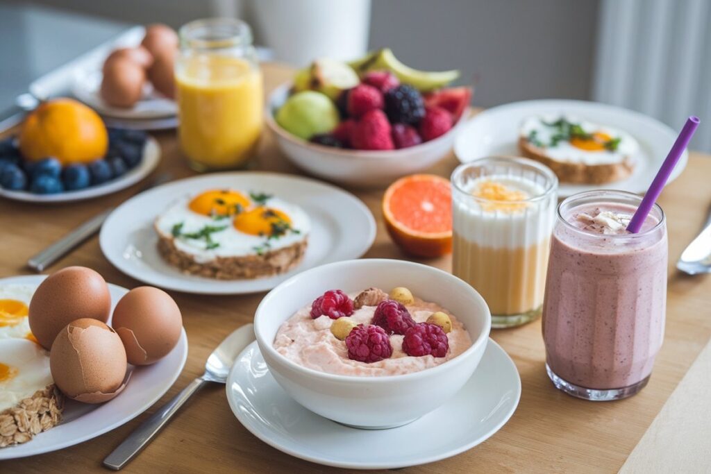 Healthy breakfast spread with eggs, oatmeal, fruits, Greek yogurt, and a smoothie.10 good breakfast foods including eggs, oatmeal, fruits, Greek yogurt, and a smoothie.