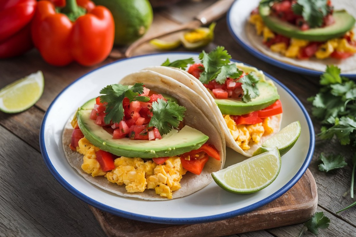 Veggie breakfast tacos filled with eggs, bell peppers, avocado, and topped with cilantro and salsa