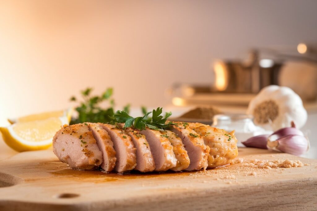 Golden-brown chicken cutlet on a cutting board with fresh herbs, lemon, and spices.